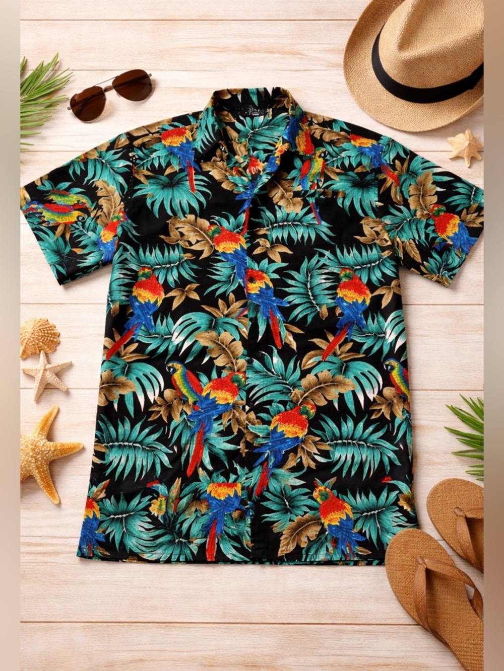 Pacific Company Men’s Hawaiian shirt Medium Floral Beach Parrot Print Magnum PI - Picture 3 of 14
